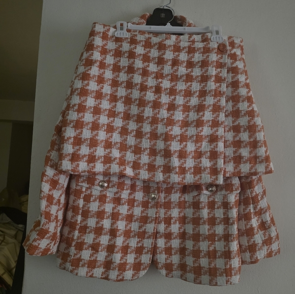 H&M Set Hounstooth Blazer S + Faux Wrap Mini Skirt 14 Orang/white Patterned Nwt - Picture 2 of 10